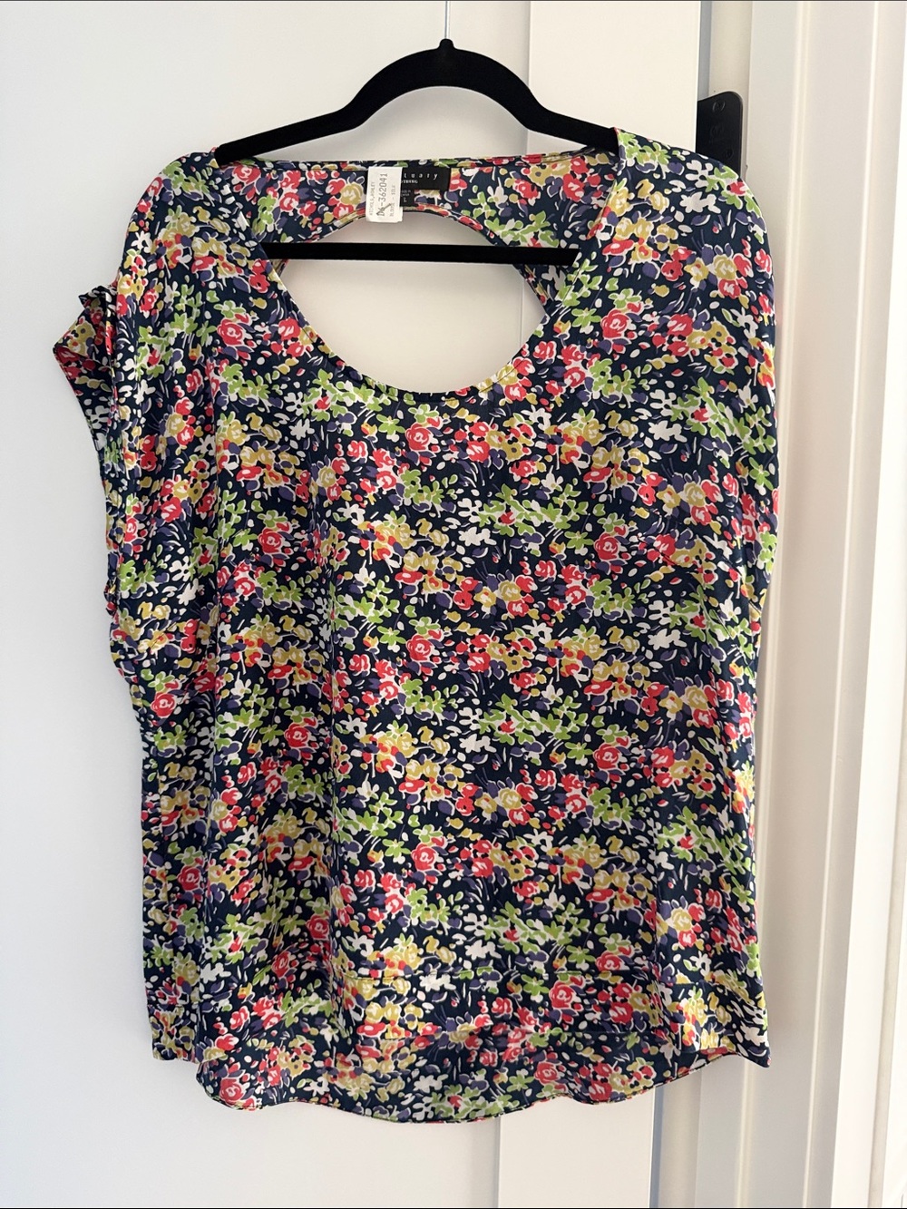 Sanctuary Navy Floral Scoop Neck Blouse with Red and Yellow Blooms